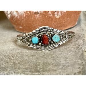Vintage Navajo Sterling Turquoise Coral Cuff Bracelet HY Signed - Needs Repair